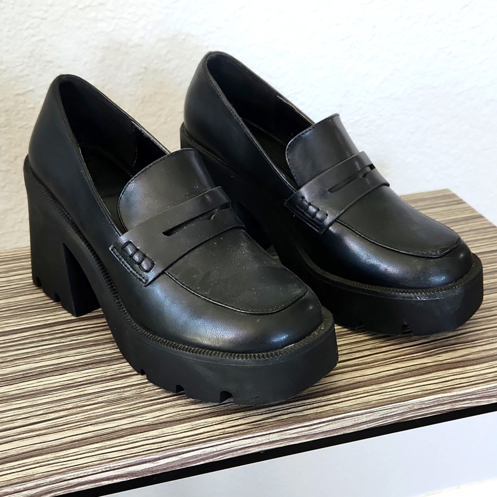 Black Platform Chunky Heel Loafer - Women's